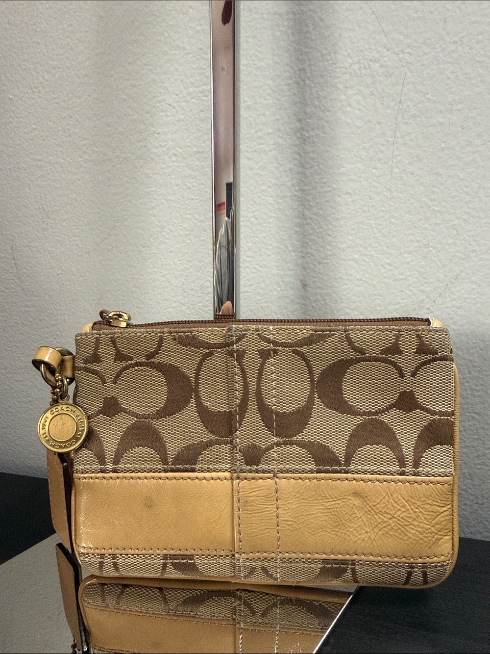 Coach Legacy Signature Canvas Wristlet with Tan Leather Trim